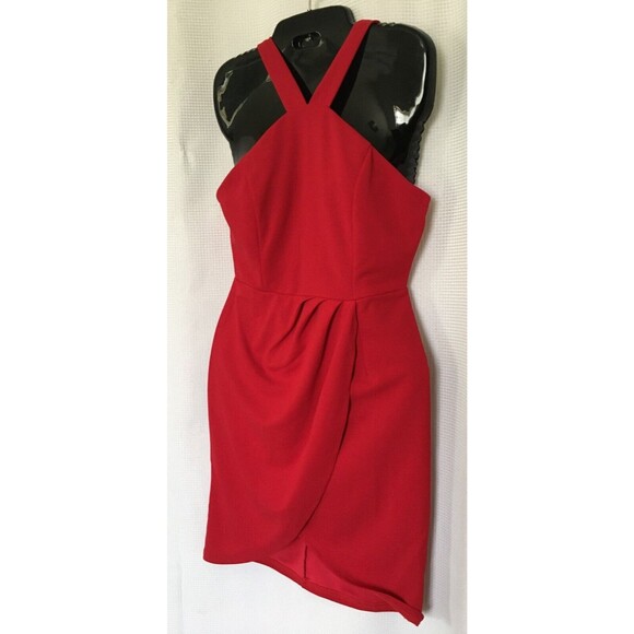 Women's Halter Crisscross Dress Size Small Red Knit Ruched Wrap Bodycon Mini D8 - Picture 7 of 8